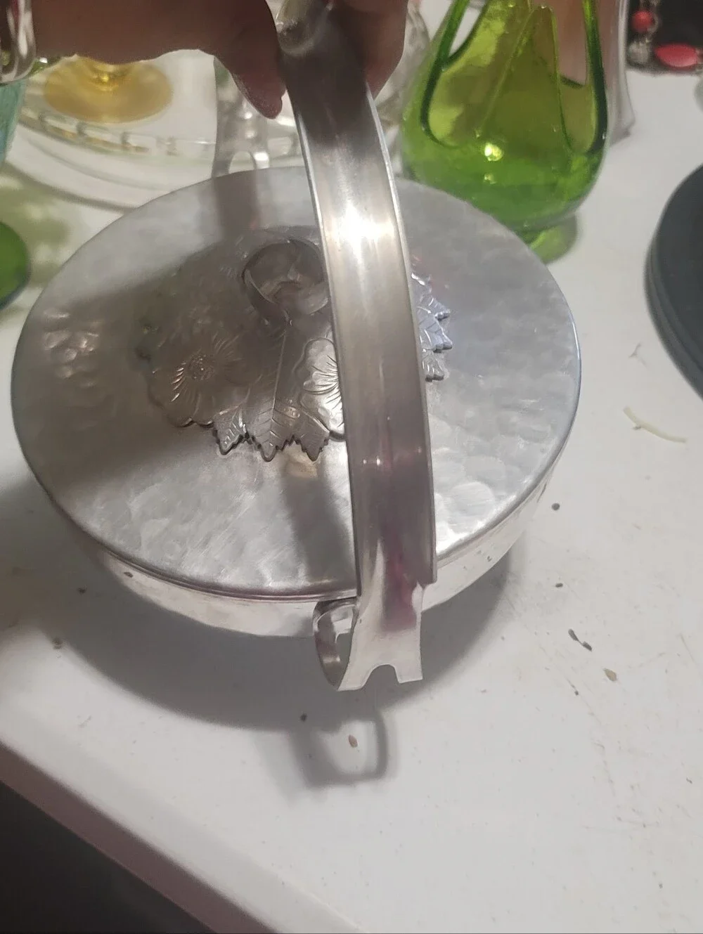 Vintage Wild Rose F1003 Hammered Aluminum Candy Dish w/ Bale Handle/ Bridal